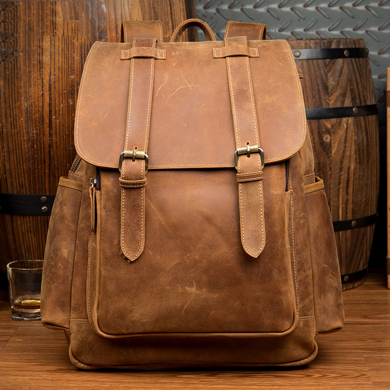 Dark Brown Fashion Mens Leather 15-inch Brown Computer Backpacks Brown Travel Backpacks School Backpacks for men