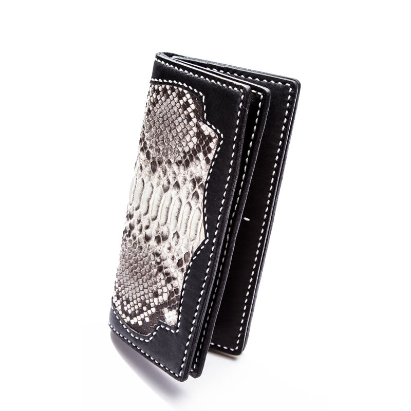 Cool Black Snakeskin Leather Mens Long Wallet Handmade Bifold Long Wallet For Men