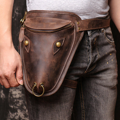 Brown Mens Leather Fanny Pack OX Head Bum Bag Cool Waist Bag for Men