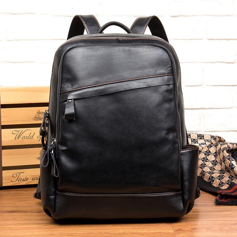 Cool Black Mens Leather 14-inch Computer Backpacks Travel Backpack School Backpacks for men