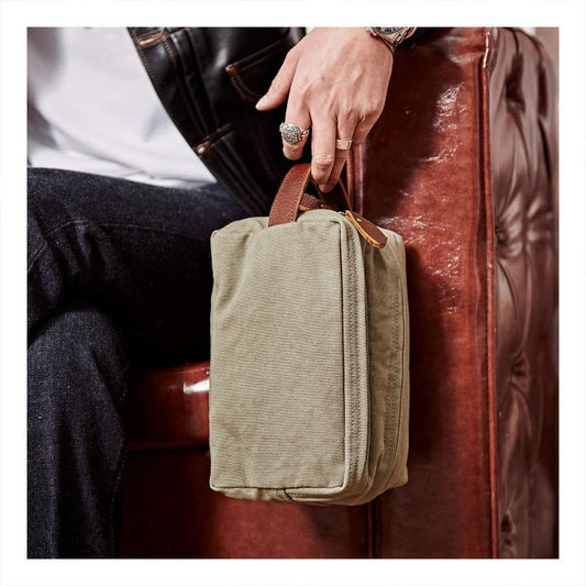 Large Canvas Leather Mens Clutch Bags Zipper Green Wristlet Bag Canvas Purse for Men