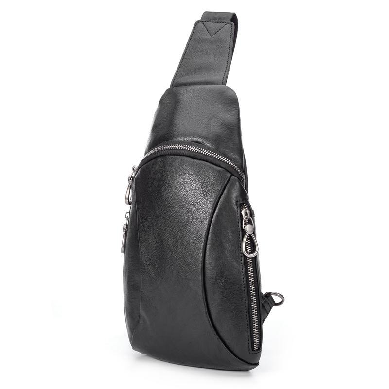 Cool Mens Black Leather Sling Bag Chest Bag Soft Black One Shoulder Backpack Sling Backpack for men