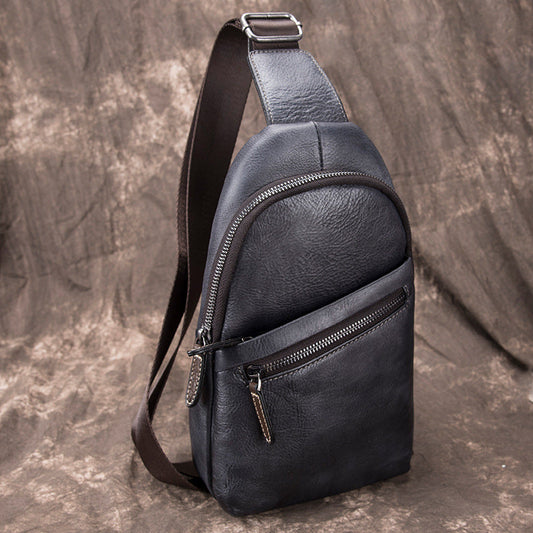 Gray Leather Men's Sling Bag 8 inches Brown Chest Bag One Shoulder Backpack For Men