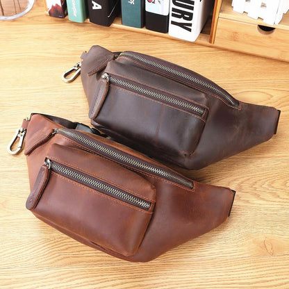 Mens Leather Fanny Packs Bum Bag Hip Pack Brown Leather Waist Bags for Men