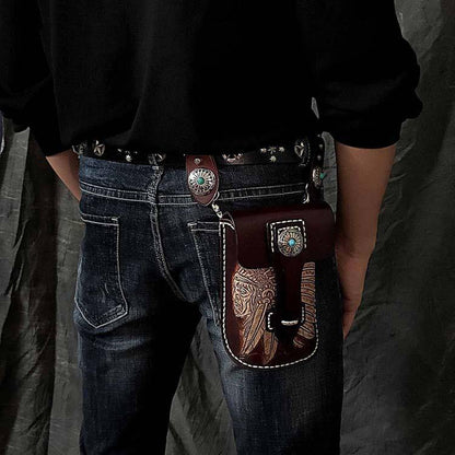 Black Badass Mens Indian Tooled Leather Waist Bag Side Bag Coffee Belt Pouch Belt Bag for Men