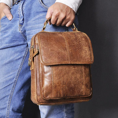 Leather Mens Vertical Side Bag Small Courier Bag Brown Vertical Handbag Messenger Bag For Men