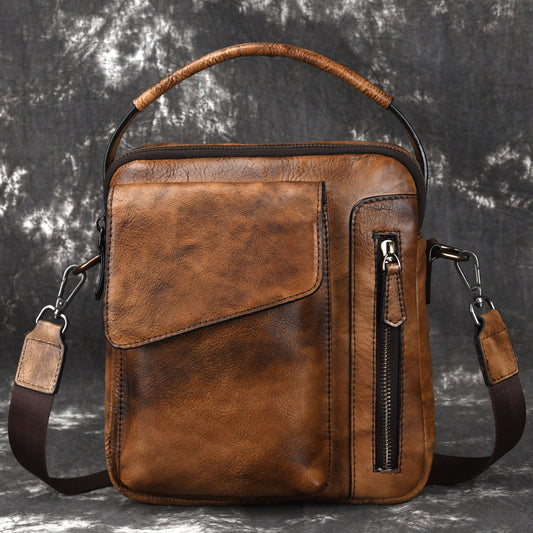 Vintage Brown Leather Men's Small Side Bag Vertical Business Handbag Black Courier Bag For Men