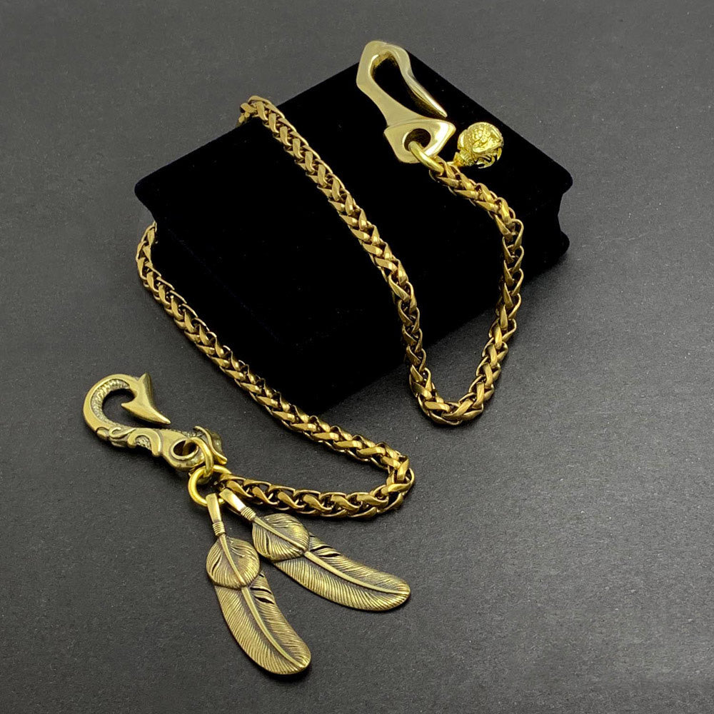 Fashion Handmade Vintage Brass 18' Feather Key Chain Pants Chain Wallet Chain Motorcycle Wallet Chain for Men