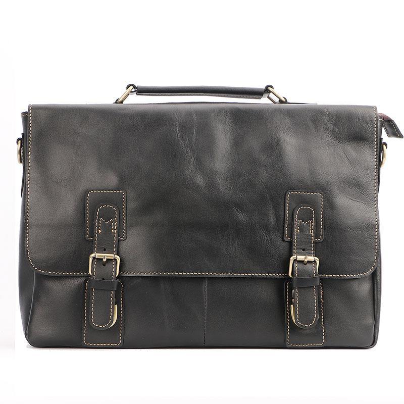 Vintage Black Mens Leather Briefcase Work Handbags Brown 14'' Computer Briefcases For Men