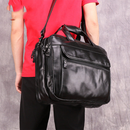 Black Leather Mens 15 inches Large Laptop Work Bag Handbag Briefcase Shoulder Bags Business Bags For Men