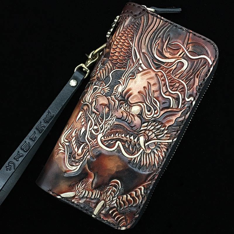 Black Handmade Tooled Brave troops Leather Long Biker Wallet Chain Wallet Clutch Wallet For Men