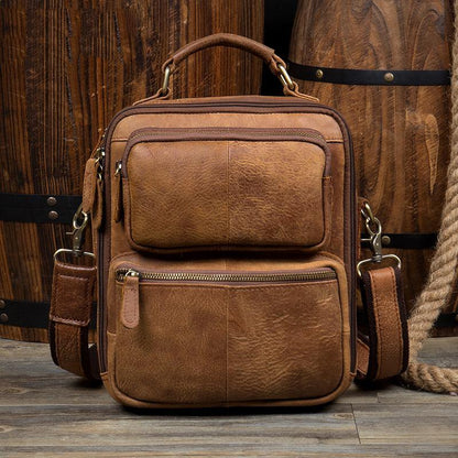 Brown Casual Leather 10 inches Vertical Side Bags Messenger Bag Courier Bag for Men