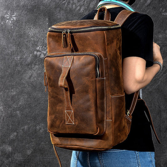 Retro Brown Leather Mens 14' Barrel Laptop Backpack Hiking Backpack Travel Backpack Large Backpack for Men