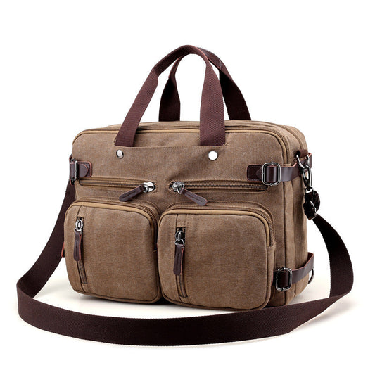 Cool Canvas Leather Mens Business Black Briefcase Khaki Laptop Shoulder Bag Handbag for Men