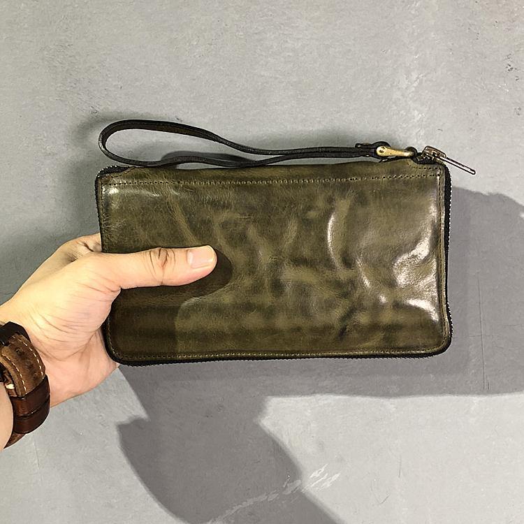 Vintage Green Leather Mens Bifold Long Wallet Brown Wristlet Wallet Brown Clutch Biker Wallet Men