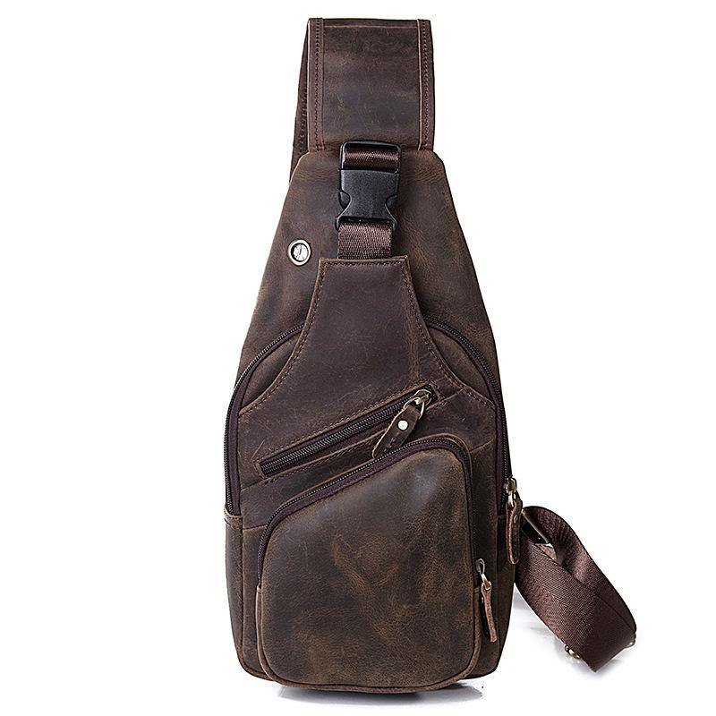 Brown Cool LEATHER MENS 8'' Sling Bag Coffee Chest Bag Brown One Shoulder Bag For Men