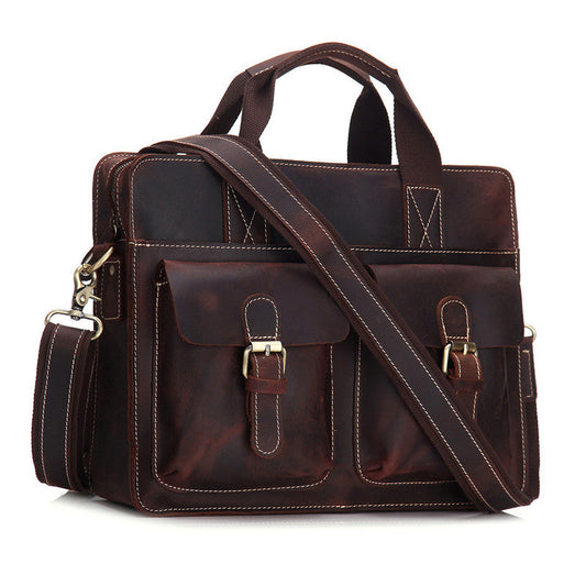 Vintage Mens Leather 14inch Laptop Briefcase Handbag Work Bag Business Bag Shoulder Bag For Men