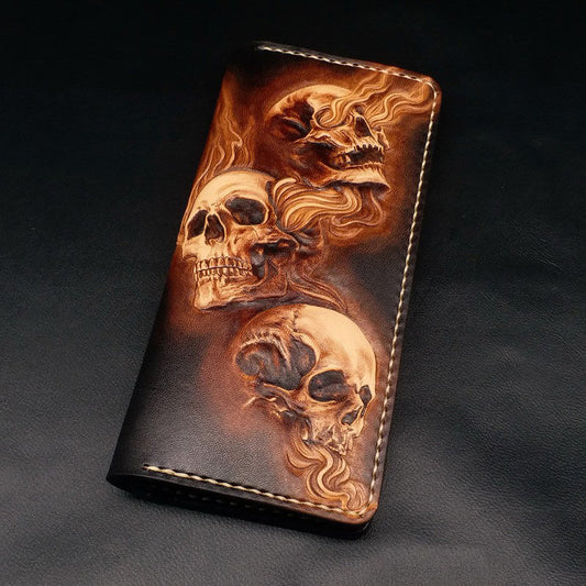 Dark Coffee Handmade Tooled Three Skulls Leather Mens Long Wallet Bifold Clutch For Men