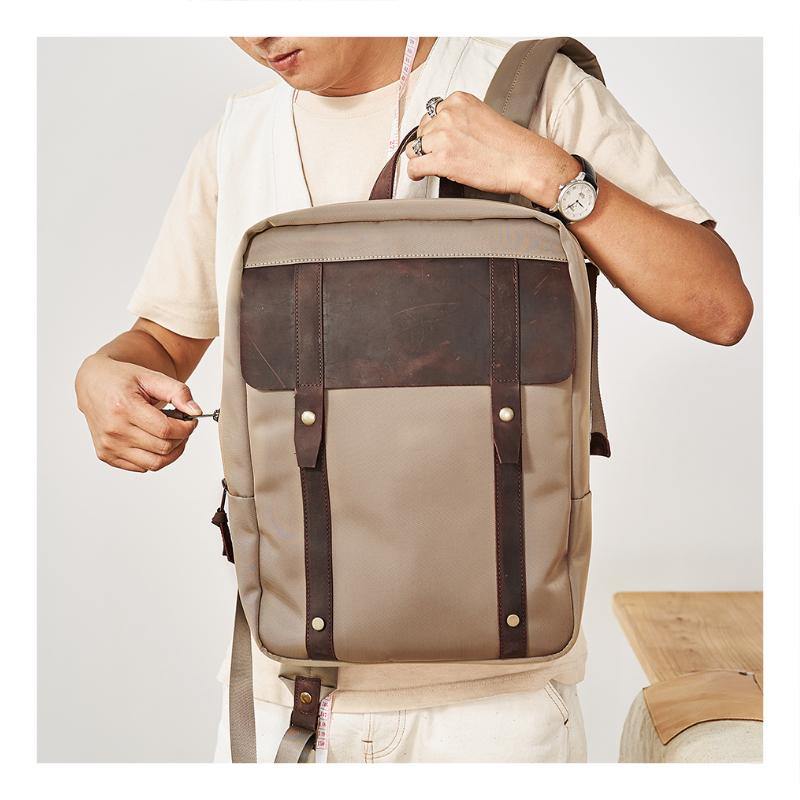 Canvas Leather Mens Backpack Canvas Khaki Travel Backpack Laptop Satchel Backpack for Men