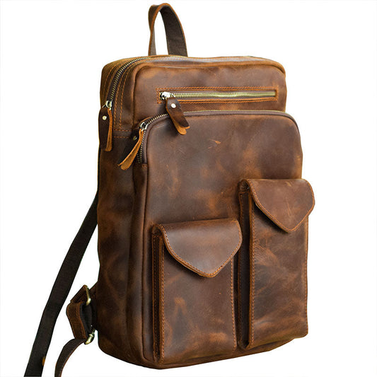 Cool Brown Leather Mens 14' Laptop Backpack Hiking Backpack Travel Backpack College Bag for Men