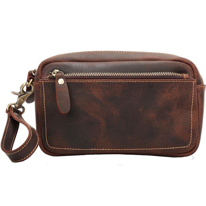 Vintage Dark Brown Leather Mens Phone Wallet Clutch Wallet Wristlet Bag Zipper Long Wallet For Men