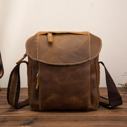 Vintage Brown Leather Men's Small Vertical Side Bag Small Messenger Bag For Men