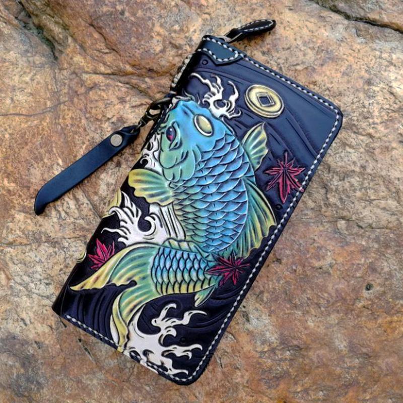 Black Handmade Double Carp Tooled Leather Long Biker Wallet Chain Wallet Clutch Wallet For Men