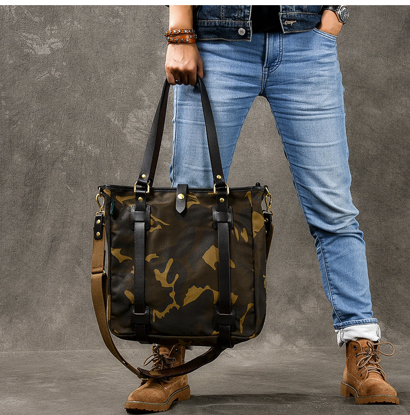 Waxed Canvas Leather Mens Womens 14'' Camouflage Tote Bag Handbag Tote Bag Shoulder Bag Tote Purse For Men