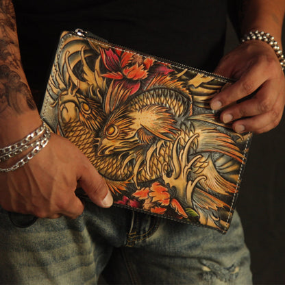 Cool Handmade Tooled Leather Tan Floral Clutch Wallet Wristlet Bag Clutch Purse For Men