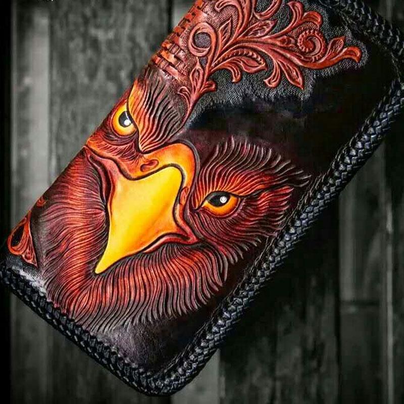 Handmade Leather Men Tooled Eagle Cool Leather Wallet Long Phone Clutch Wallets for Men