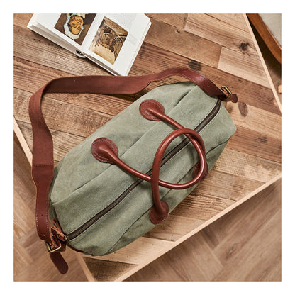 Vintage Mens Green Leather Canvas Large Weekender Bag Canvas Travel Shoulder Bag Large Duffle Bags for Men