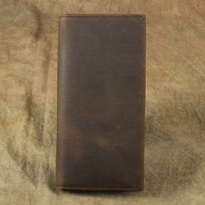 Vintage Brown Leather Men's Long Wallet Bifold Long Slim Wallet For Men