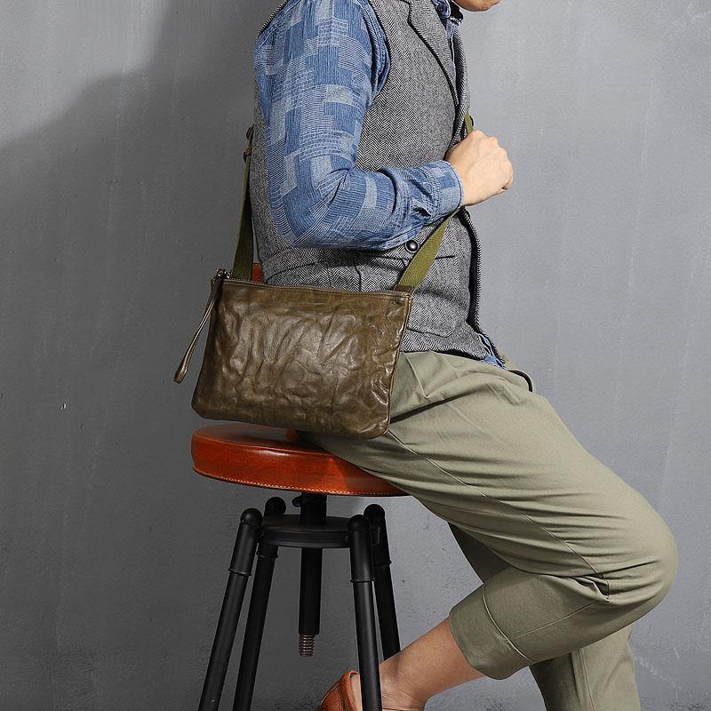 Casual Green Leather Mens Small Side Bag Messenger Bag Brown Post Bag Courier Bags for Men