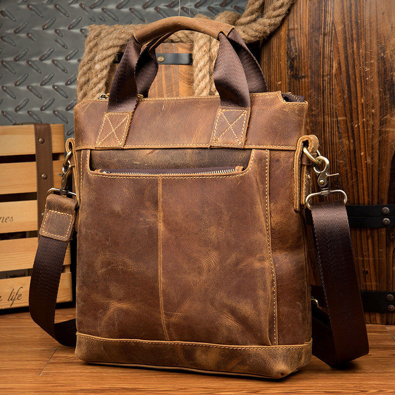 Brown Leather Mens 13 inches Briefcase Vertical Laptop Side Bags Business Bags Work Bags for Men