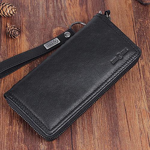 Genuine Leather Mens Cool Long Leather Wallet Zipper Clutch Wristlet Wallet for Men