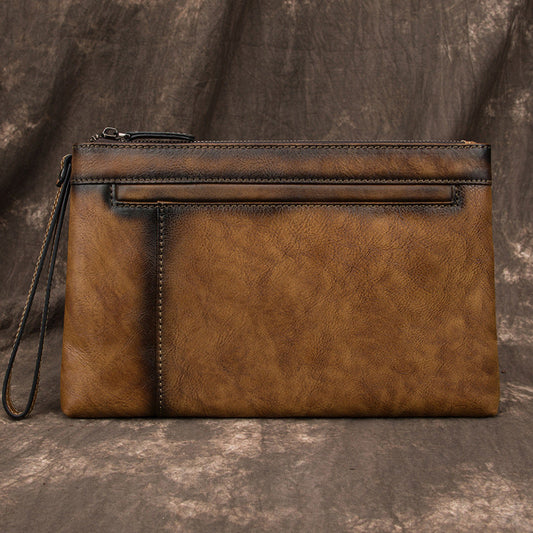 COOL MEN LEATHER Brown Wristlet Bag LONG CLUTCH WALLETS ZIPPER VINTAGE Tan Envelope Bag FOR MEN