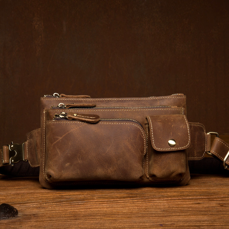 Vintage Brown Leather Mens Fanny Pack Waist Bag Coffee Hip Pack Belt Bag Bumbag for Men