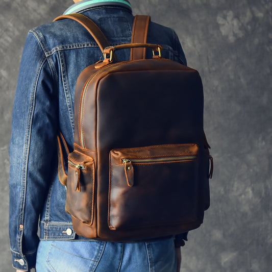 Vintage Brown Leather Mens 15' Laptop Backpack Hiking Backpack Travel Backpack College School Bag for Men