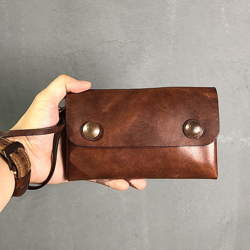 Handmade Black Leather Mens Long Wallet Tan Wristlet Wallet Brown Clutch Biker Chain Wallet Men