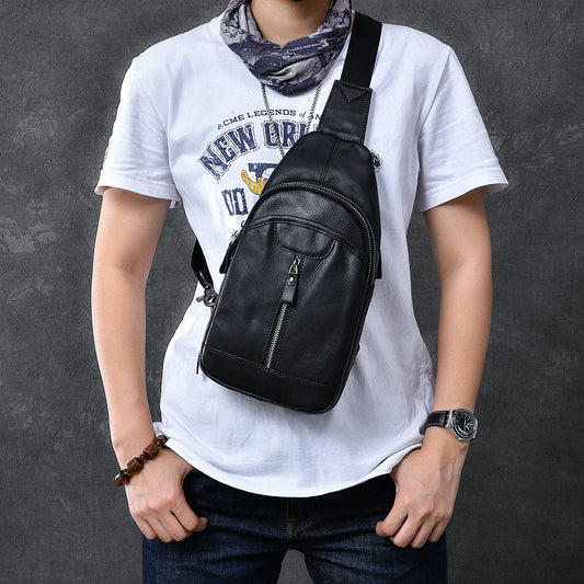 Cool Leather Mens 8' Black Sling Bag Chest Bag One Shoulder Backpack for Men