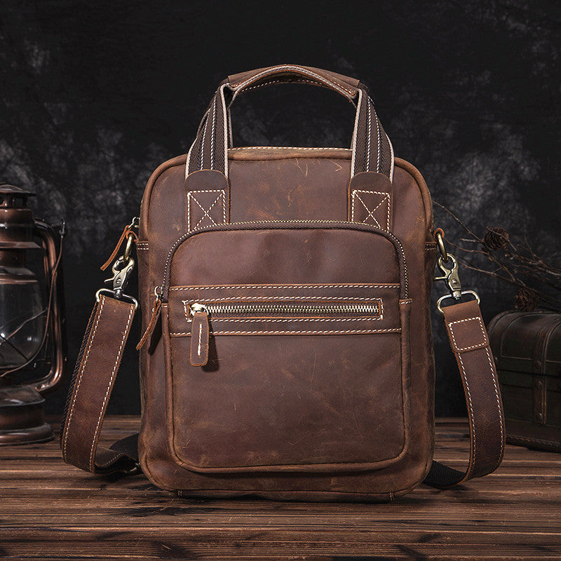 Vintage Brown Leather Mens Vertical Work Bag Handbag Vertical Briefcase Shoulder Bag For Men