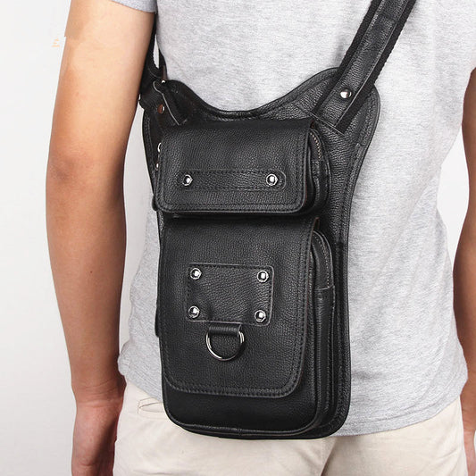 Black Leather Men's Sling Bag Shoulder Bag Chest Bag One Shoulder Backpack For Men