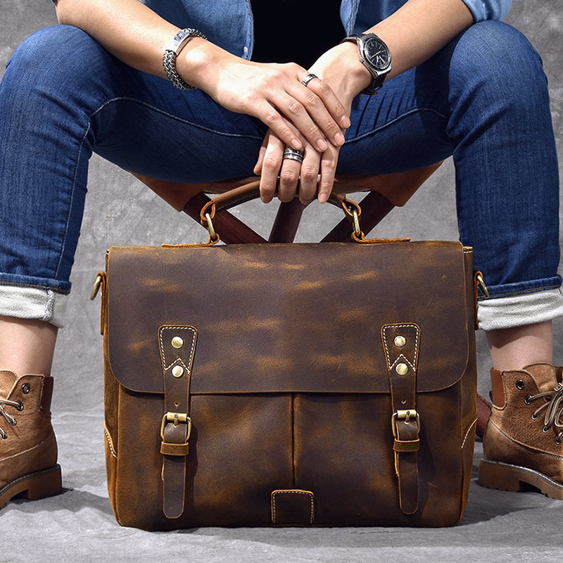 Leather Mens Brown Briefcase 14'' Laptop Bag Messenger Bag Shoulder Bag For Men