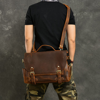 Leather Mens Brown Briefcase 12'' Laptop Briefcase Crossbody Side Bag Shoulder Bag For Men