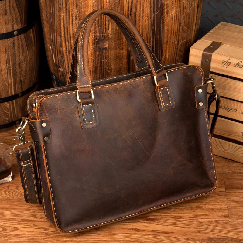 Vintage Brown Leather Mens 14 inches Briefcase Laptop Briefcase Business Bags Work Bags for Men