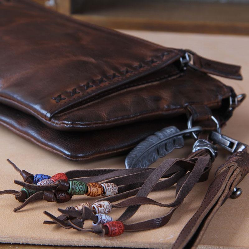 Handmade Genuine Leather Mens Cool Long Leather Wallet Zipper Clutch Wristlet Wallet for Men