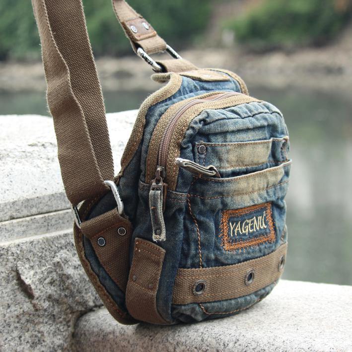 Fashion Denim Blue Mens Small Sling Bag Chest Bags Blue Fashion Denim One Shoulder Backpacks For Men