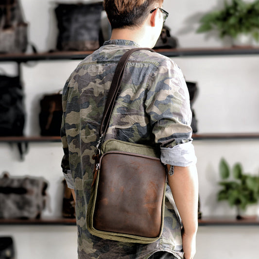 Cool Canvas Leather Mens Vertical Small Side Bag Gray Messenger Bag for Men