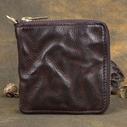 Handmade Wrinkled Mens Leather Cool billfold Chain Wallet Men Small Bifold Biker Wallets for Men