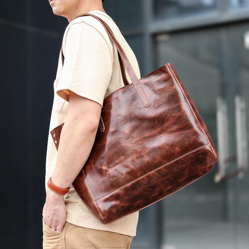 Vintage Brown Leather Men Womens Tote 15 inches Amber Brown Tote Bag Shoulder Tote Bag For Men